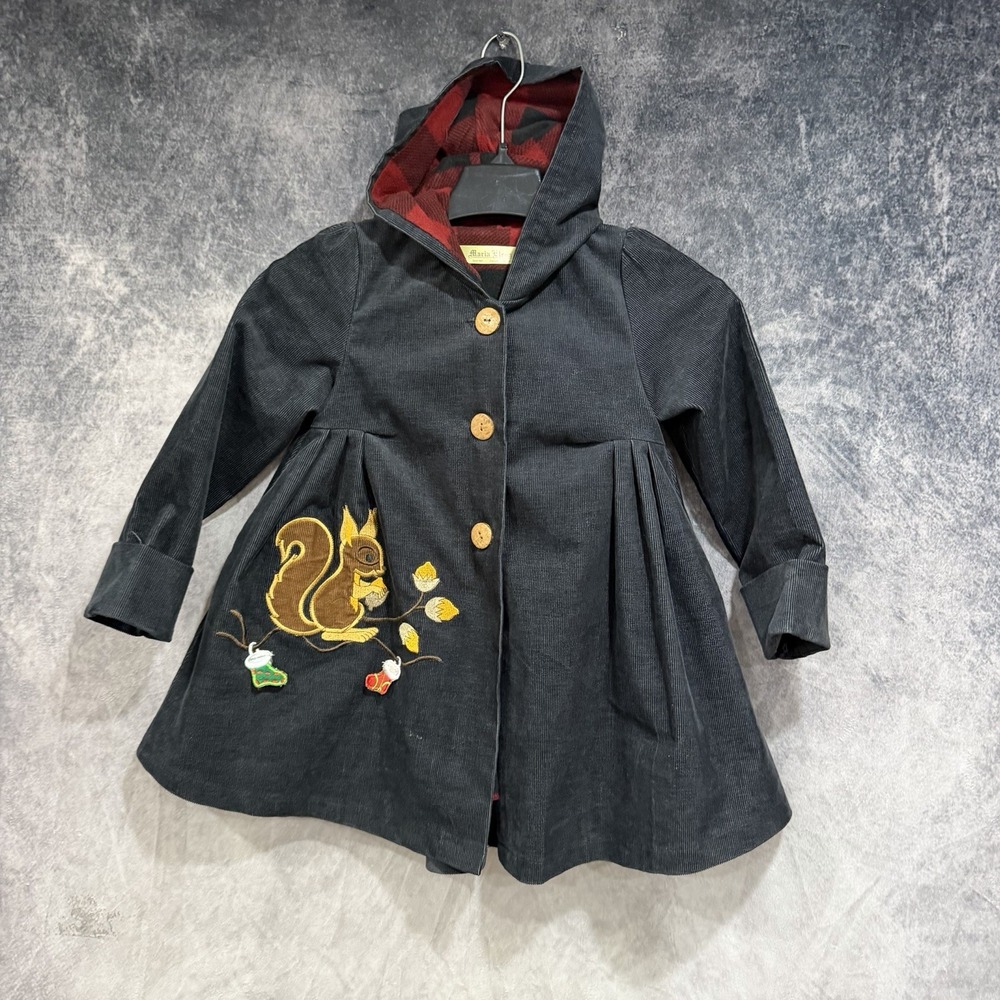 Maria Elena Girls Size 5 Black Corduroy Hooded Coat Squirrel Embroidered Plaid